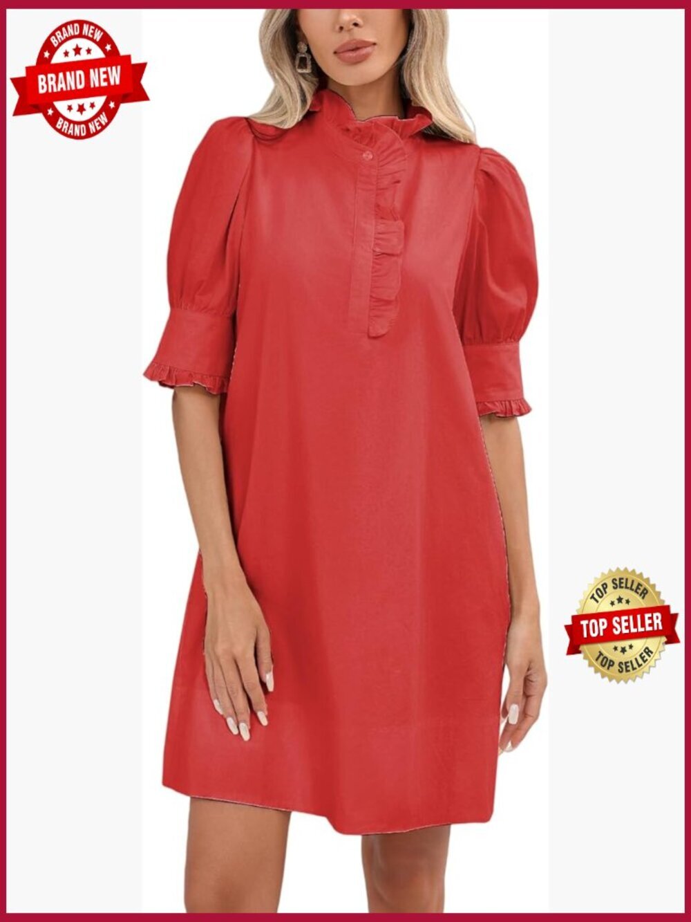 Puff Short Sleeve Ruffle Collar A-Line Mini Dress with Pockets